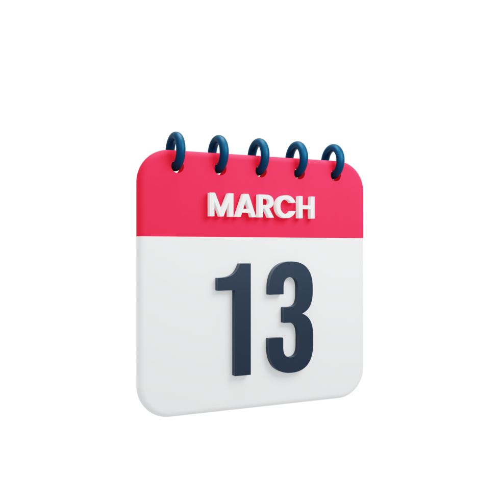 March Realistic Calendar Icon 3D Illustration Date March 13 png
