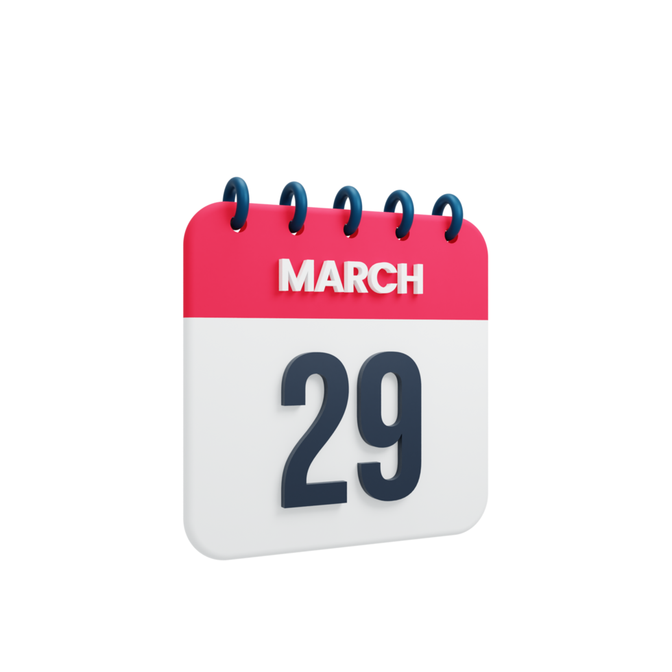 March Realistic Calendar Icon 3D Illustration Date March 29 png