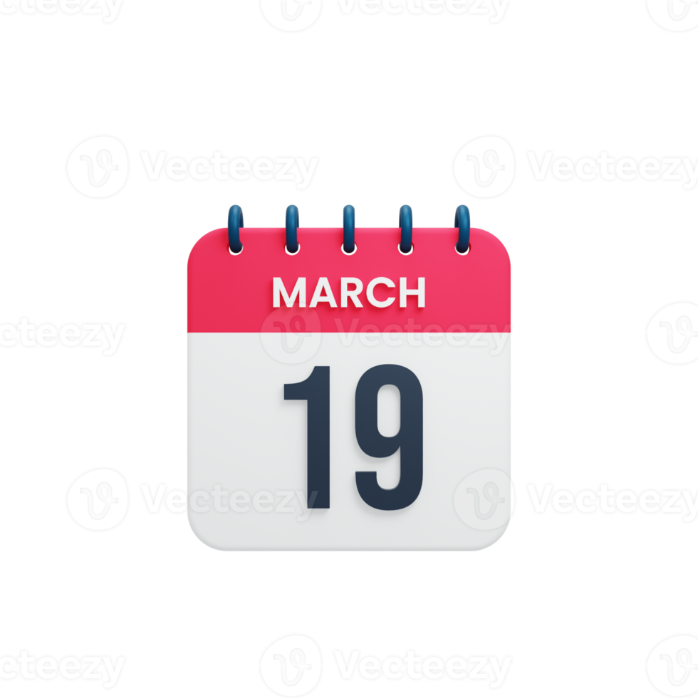 March Realistic Calendar Icon 3D Illustration Date March 19 png
