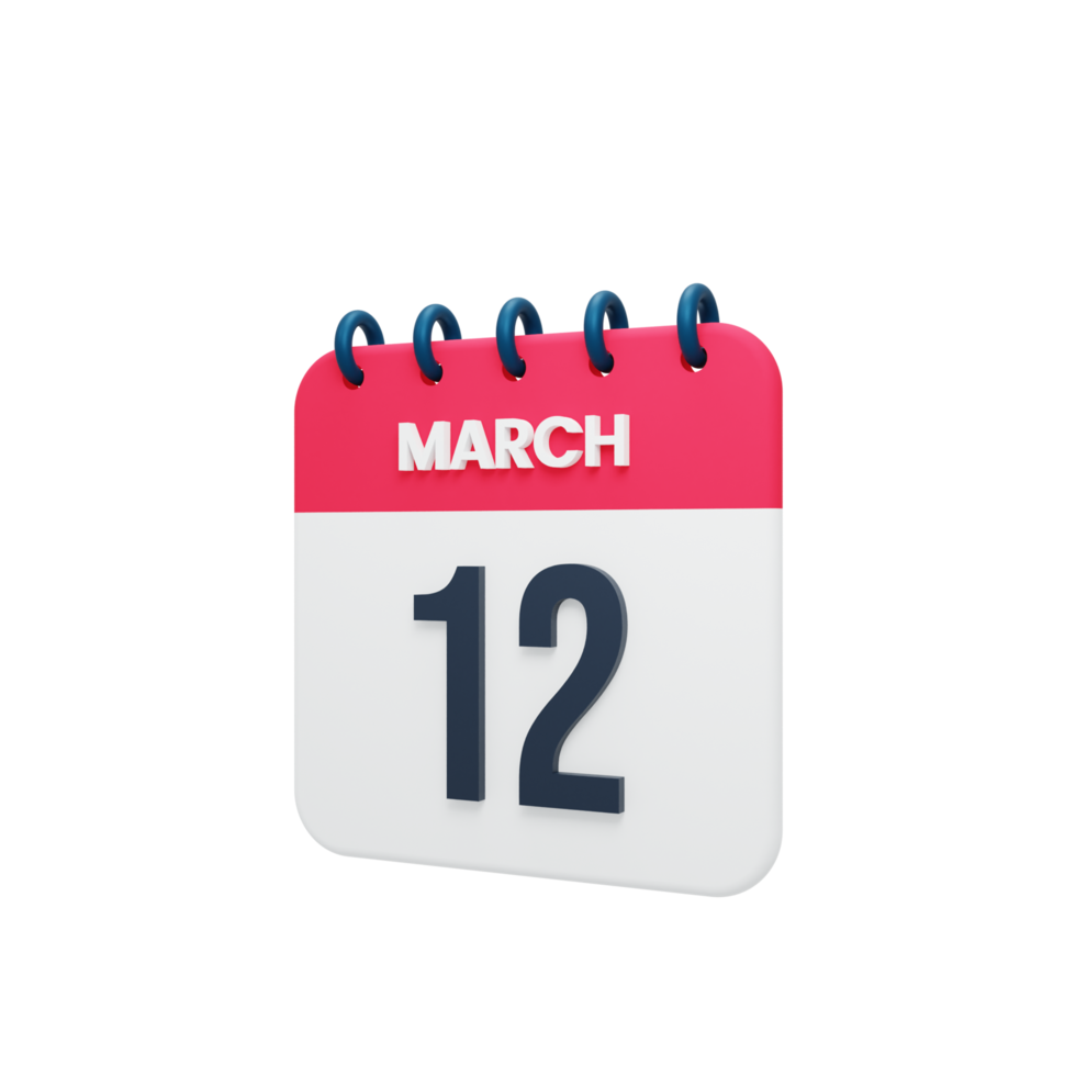 March Realistic Calendar Icon 3D Illustration Date March 12 png