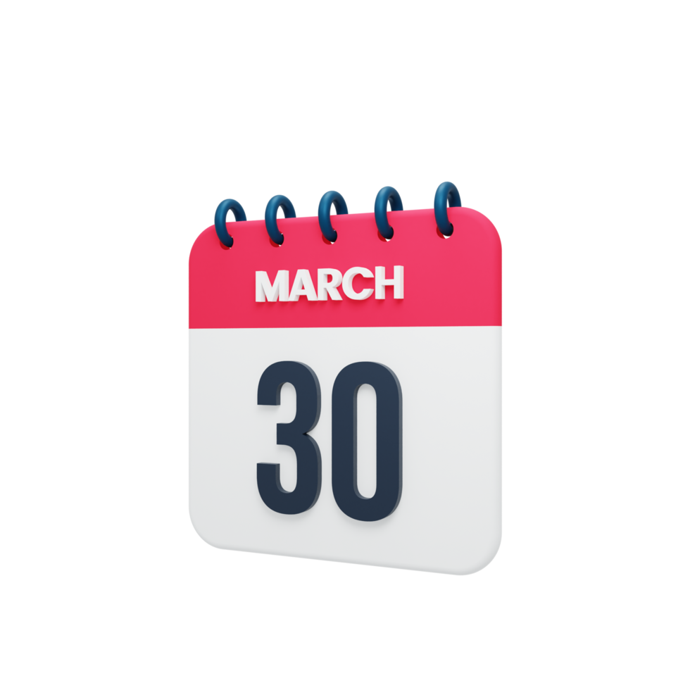 March Realistic Calendar Icon 3D Illustration Date March 30 png