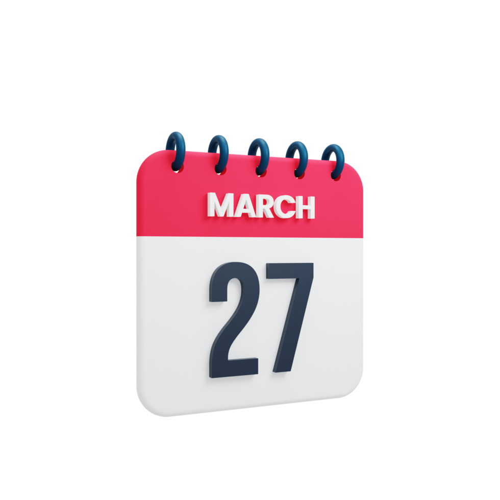 ícone de calendário realista de março ilustração 3d data 27 de março png