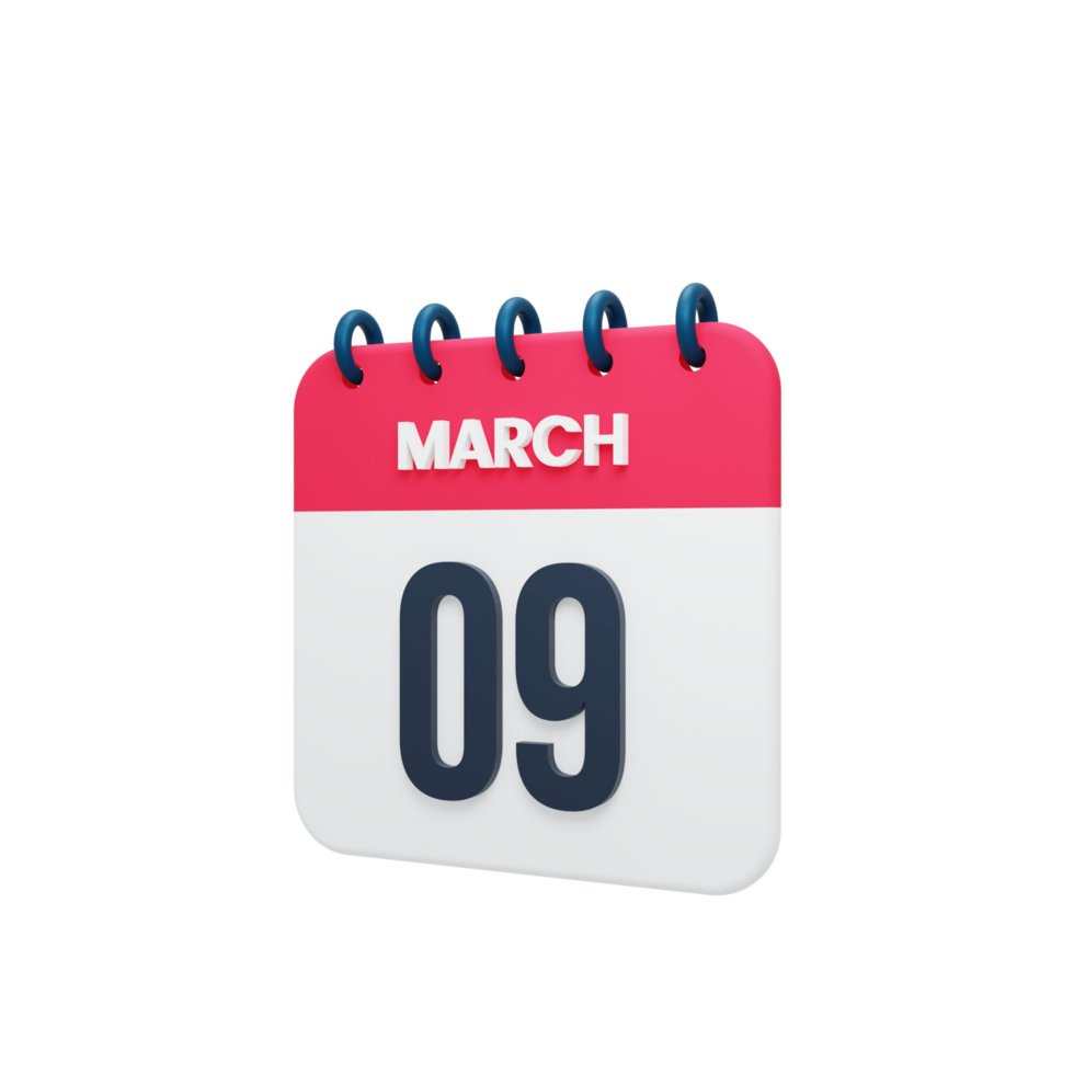 marzo realista calendario icono 3d ilustración fecha marzo 09 png