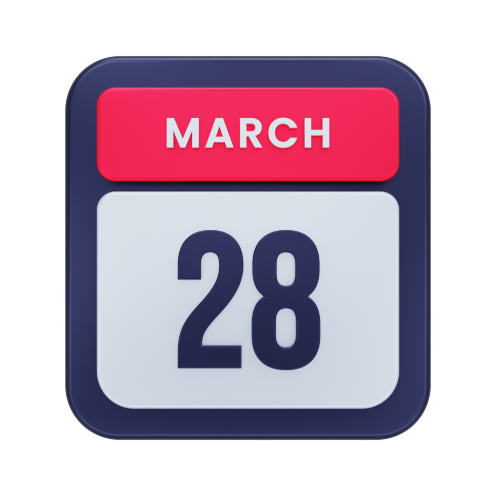ícone de calendário realista de março ilustração 3d data 28 de março png