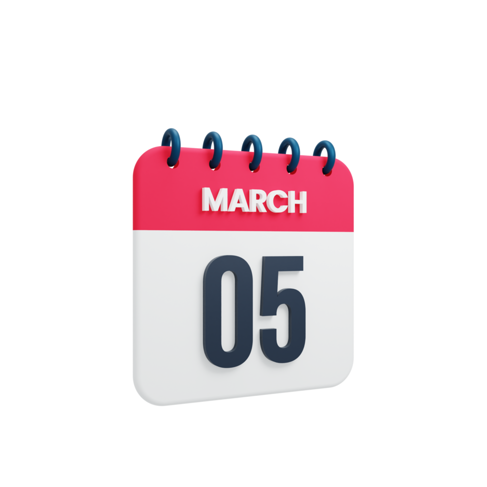 March Realistic Calendar Icon 3D Illustration Date March 05 png
