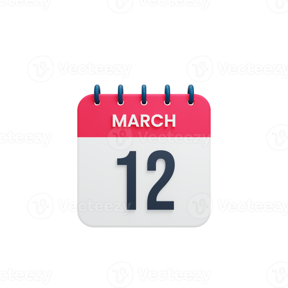marzo calendario realista icono 3d ilustración fecha 12 de marzo png