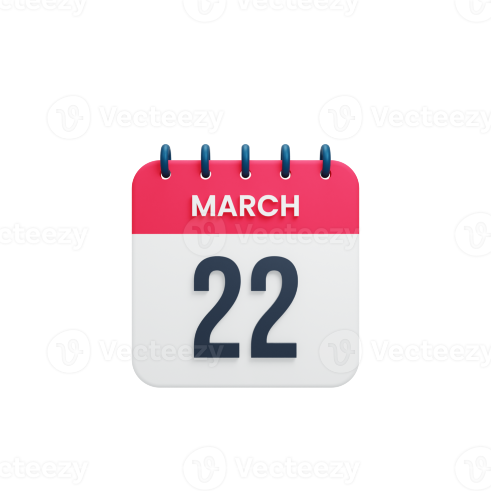 March Realistic Calendar Icon 3D Illustration Date March 22 png