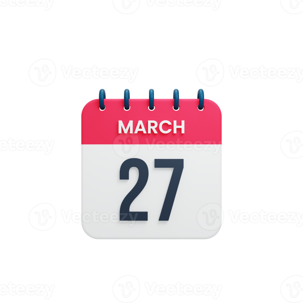 March Realistic Calendar Icon 3D Illustration Date March 27 png