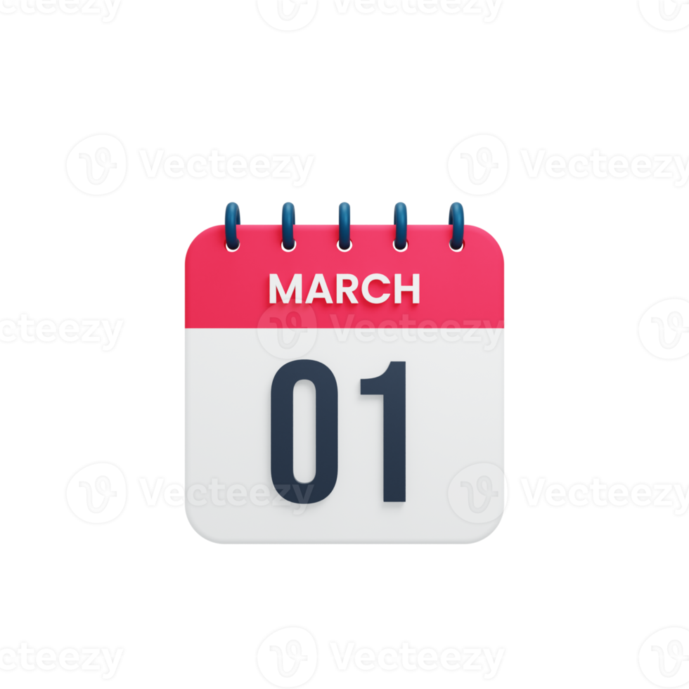 March Realistic Calendar Icon 3D Illustration Date March 01 png