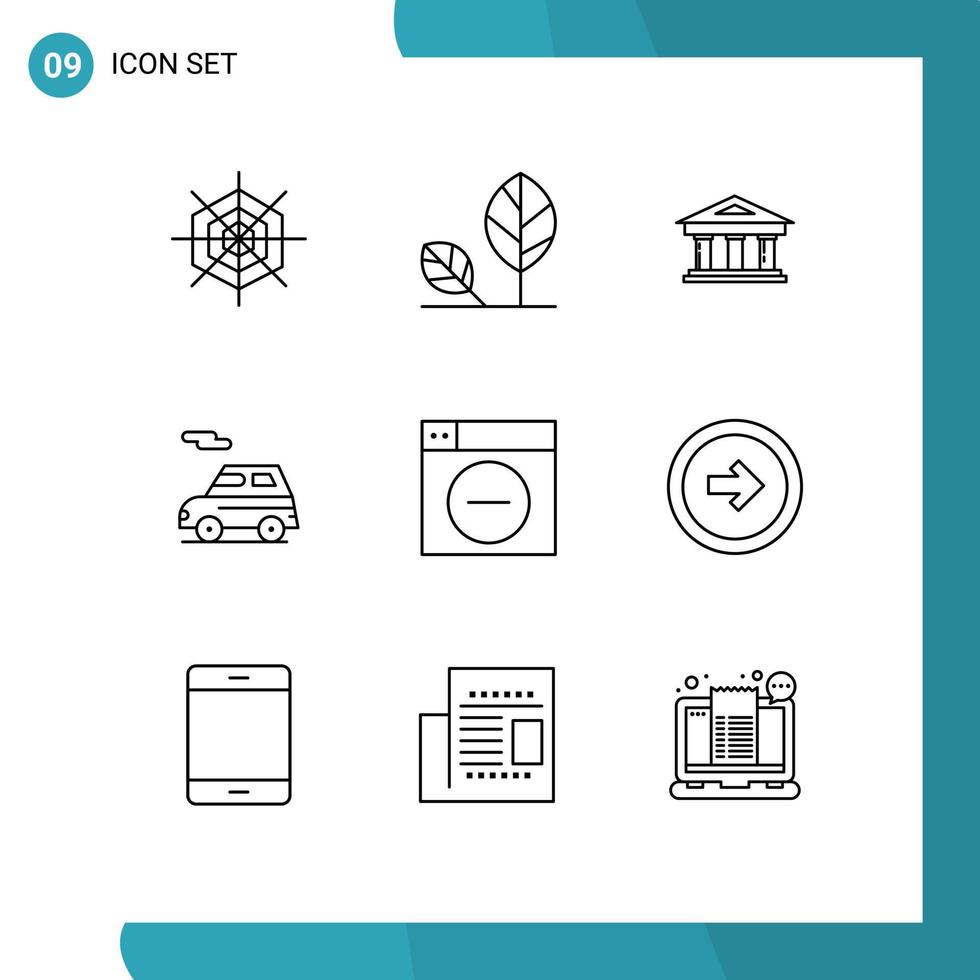 9 User Interface Outline Pack of modern Signs and Symbols of web transport bank car building Editable Vector Design Elements