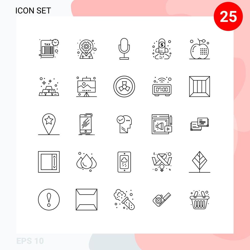 Pack of 25 Modern Lines Signs and Symbols for Web Print Media such as finance business pin analysis microphone Editable Vector Design Elements