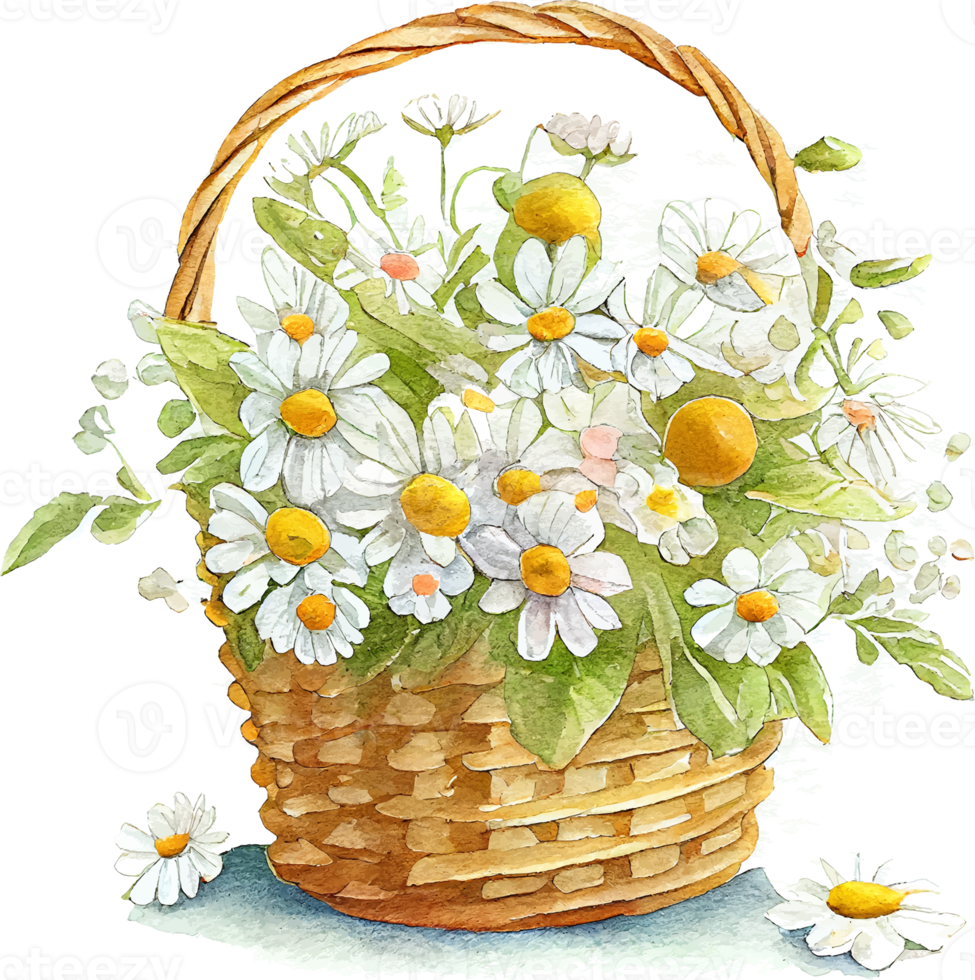 Cute watercolor basket with spring flowers png