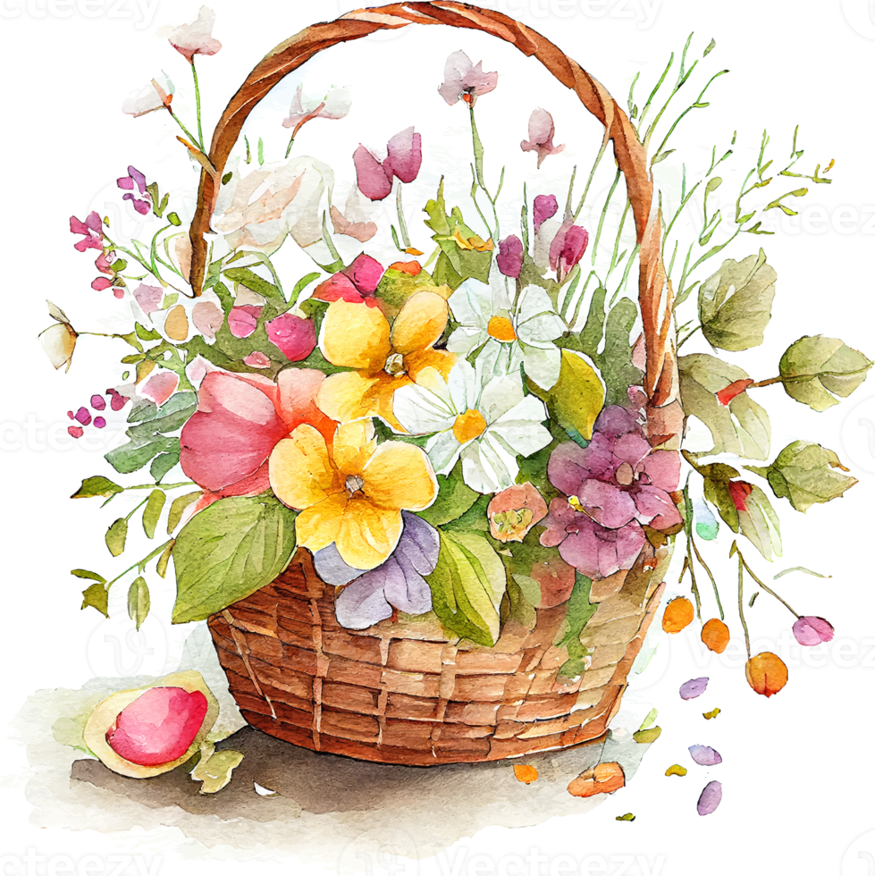 Cute watercolor basket with spring flowers png