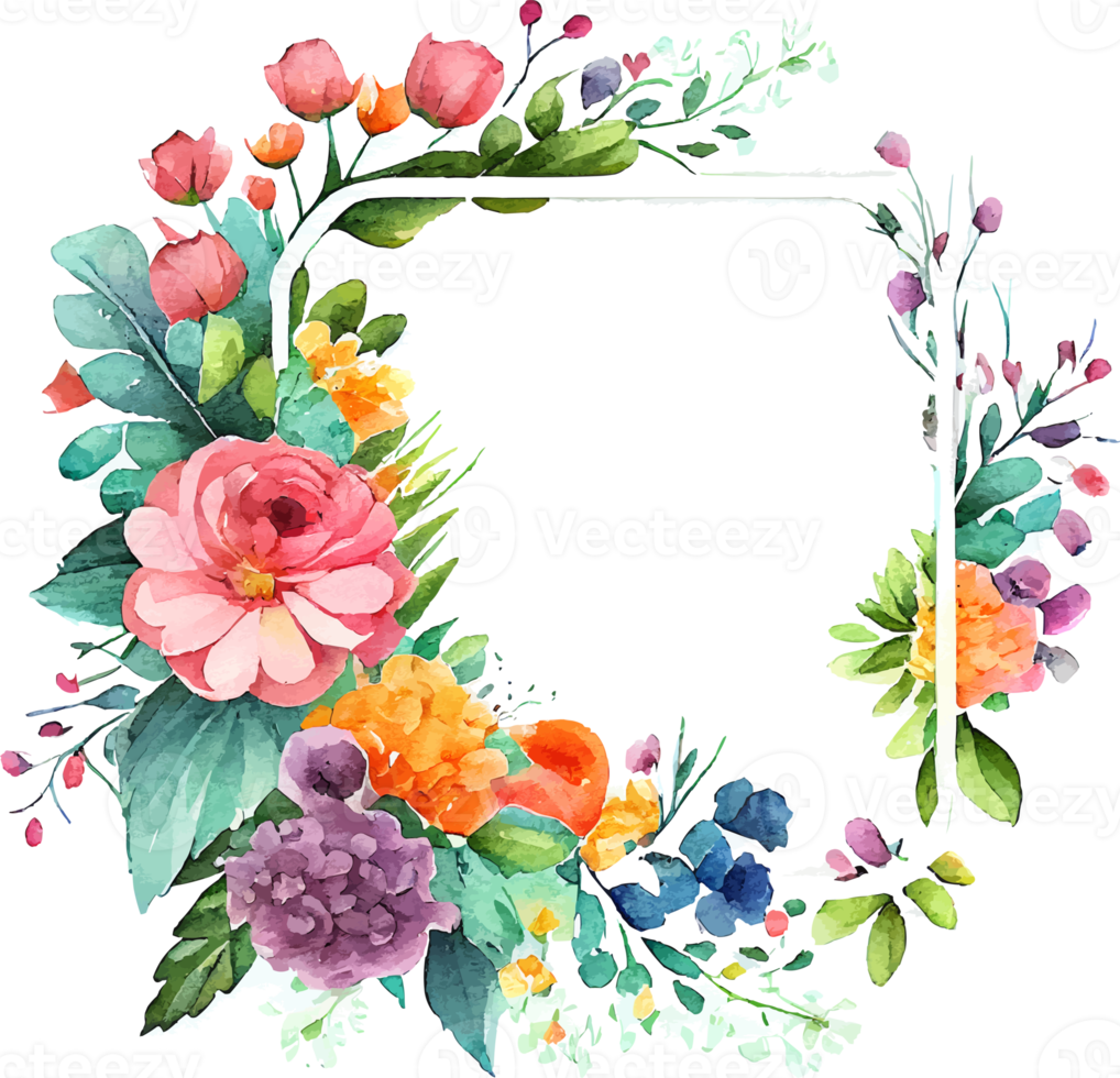 Cute watercolor frame with spring flowers png