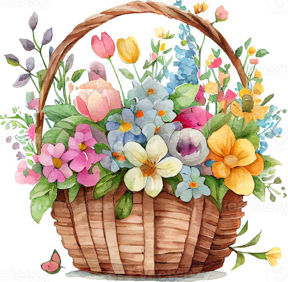 Cute watercolor basket with spring flowers png