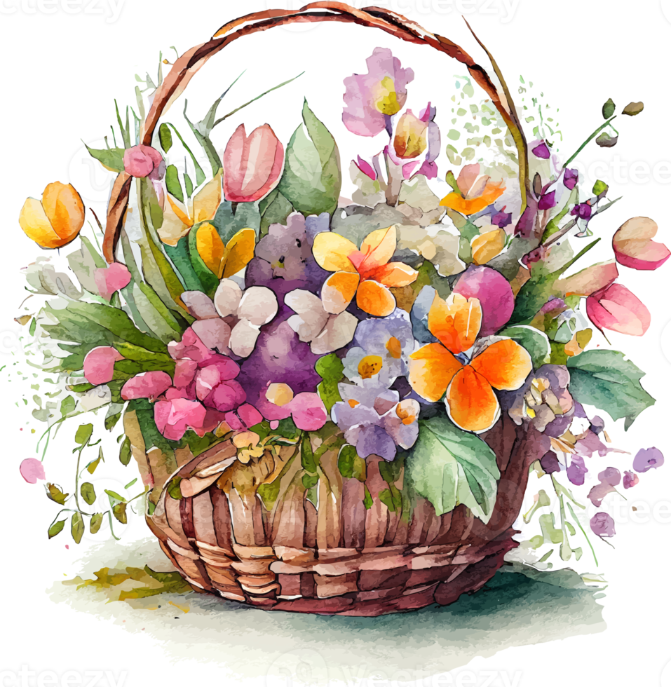 Cute watercolor basket with spring flowers png