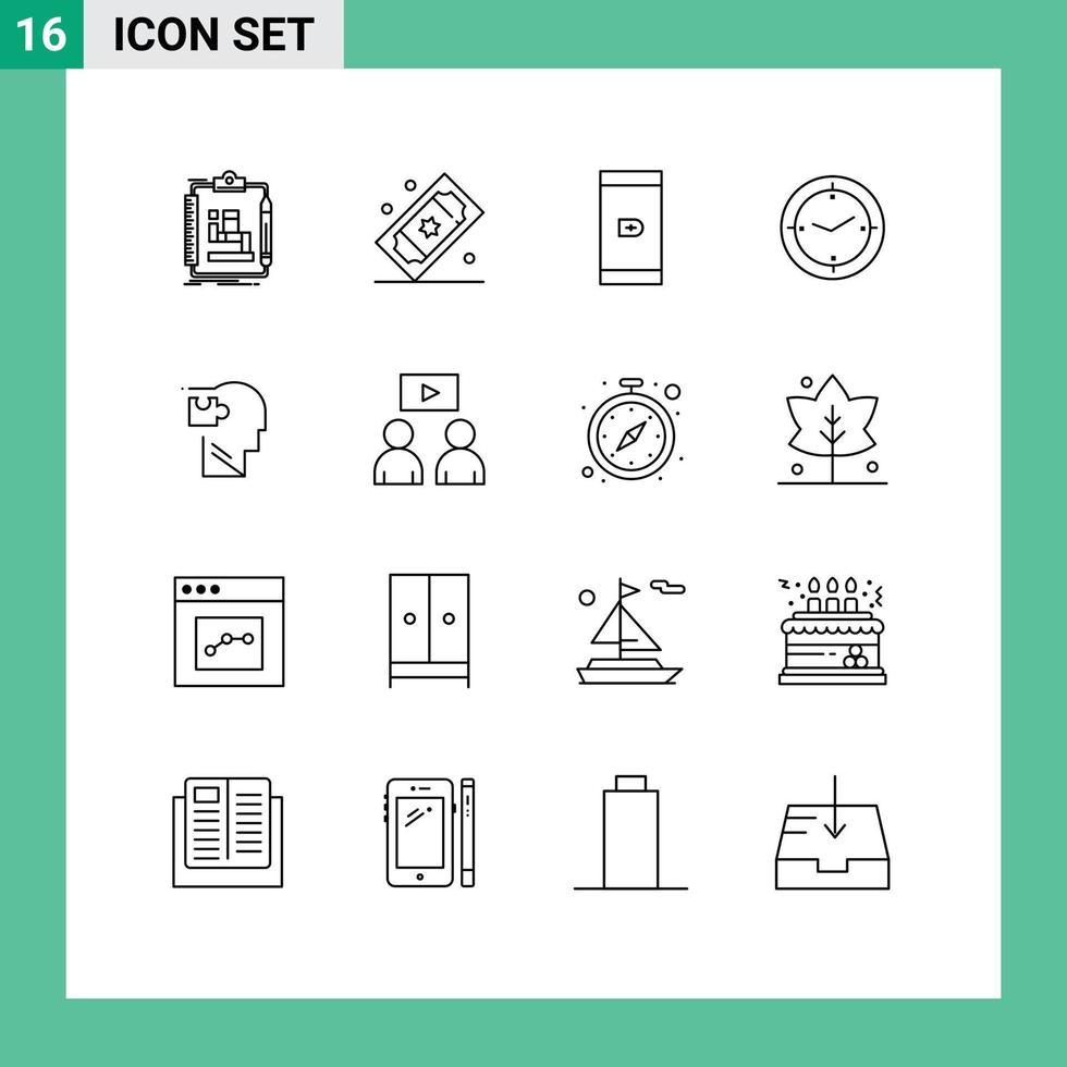 16 Universal Outlines Set for Web and Mobile Applications human compass theater tickets timer smartphone Editable Vector Design Elements