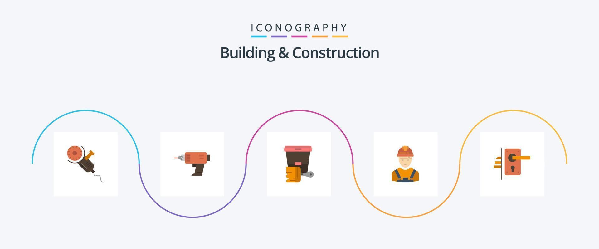 Building And Construction Flat 5 Icon Pack Including engineer. industry. cordless. worker. color vector