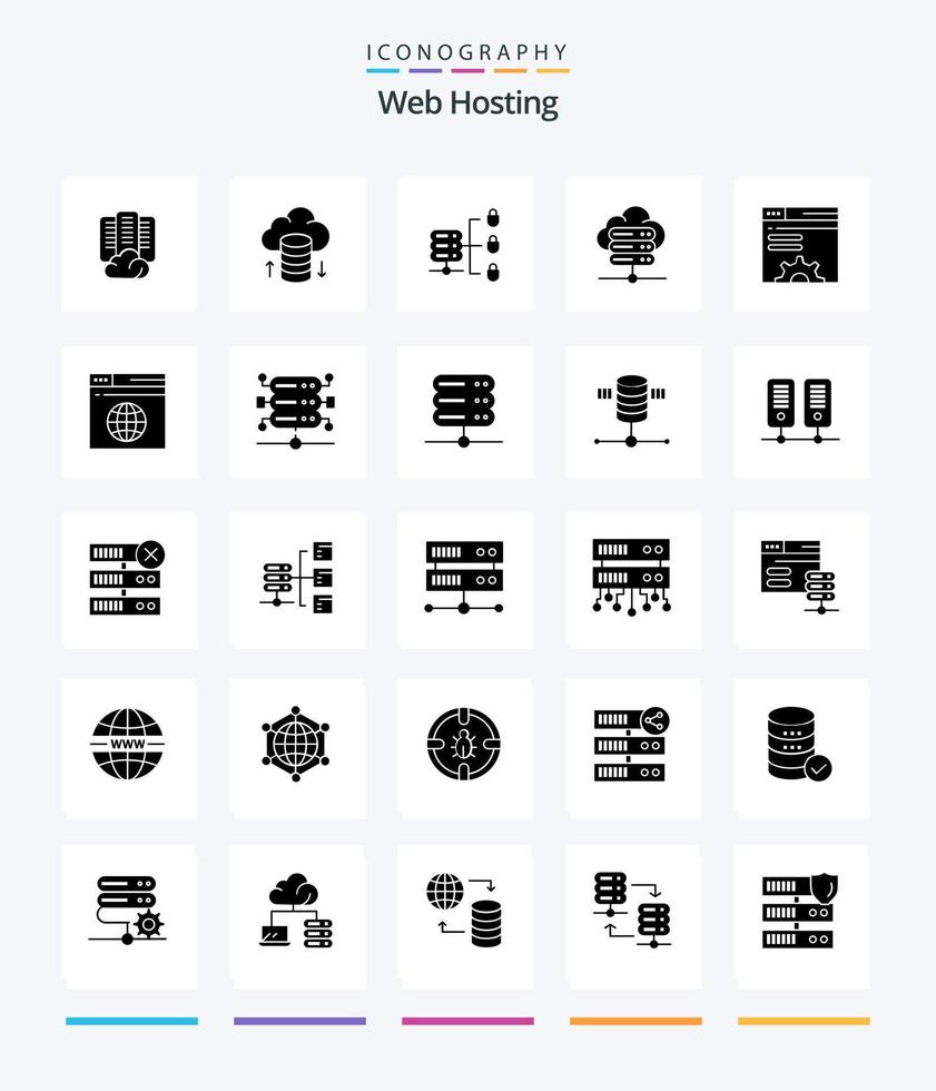 alojamiento web creativo paquete de iconos negros sólidos de 25 glifos, como servidor de red. red de alojamiento. base de datos. seguridad vector