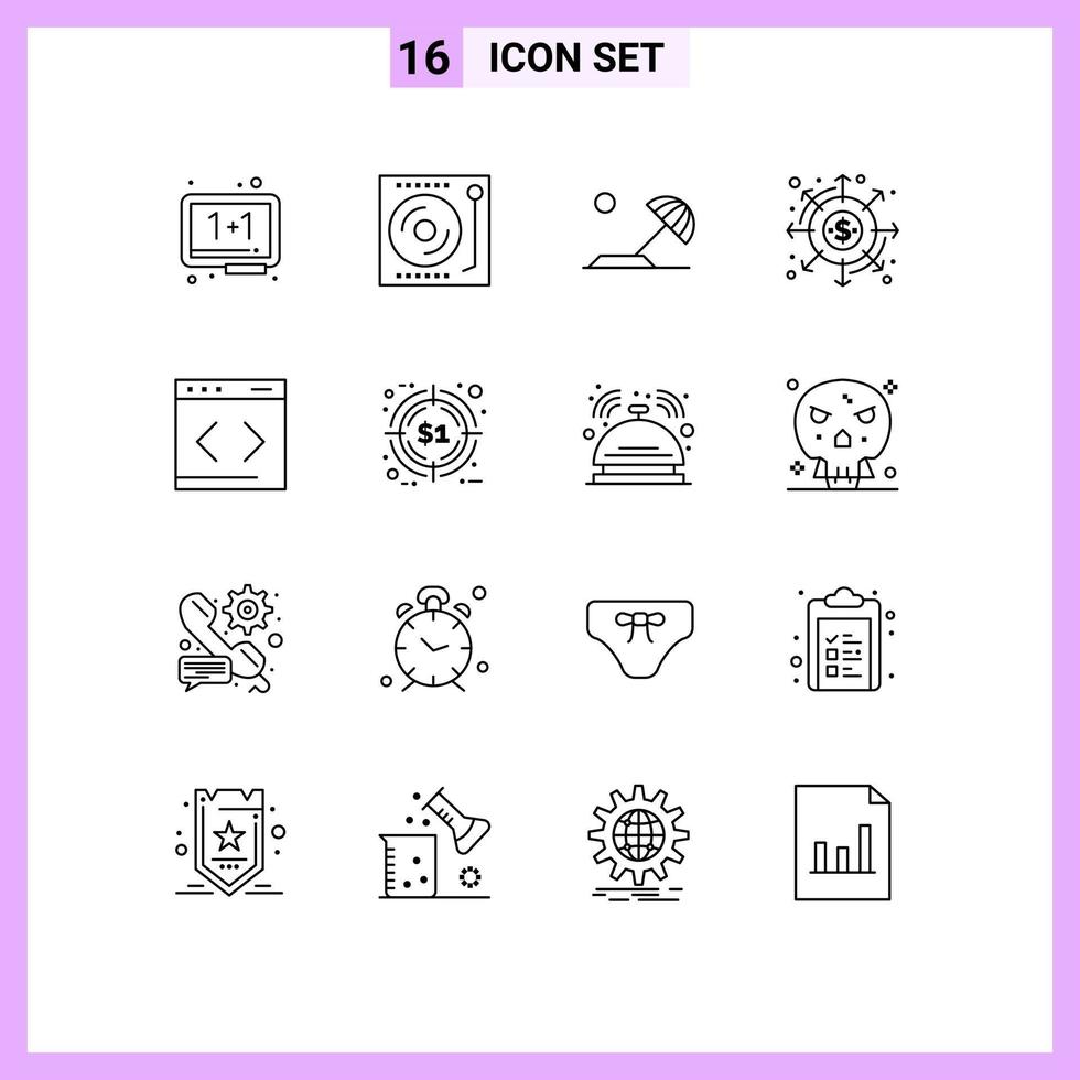 Modern Set of 16 Outlines and symbols such as money dividends turntable distribution holiday Editable Vector Design Elements