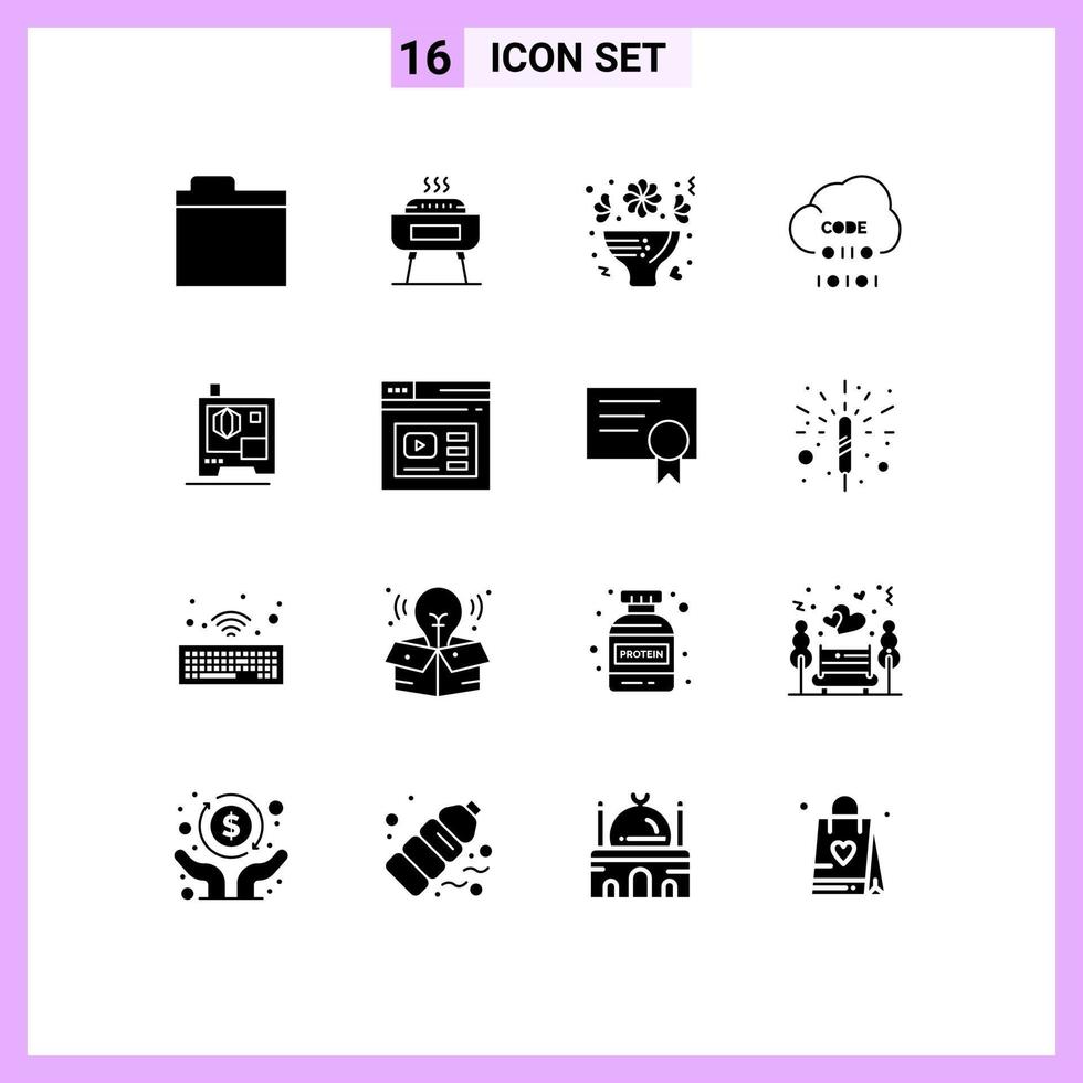 16 Universal Solid Glyphs Set for Web and Mobile Applications printer development flowers develop cloud Editable Vector Design Elements