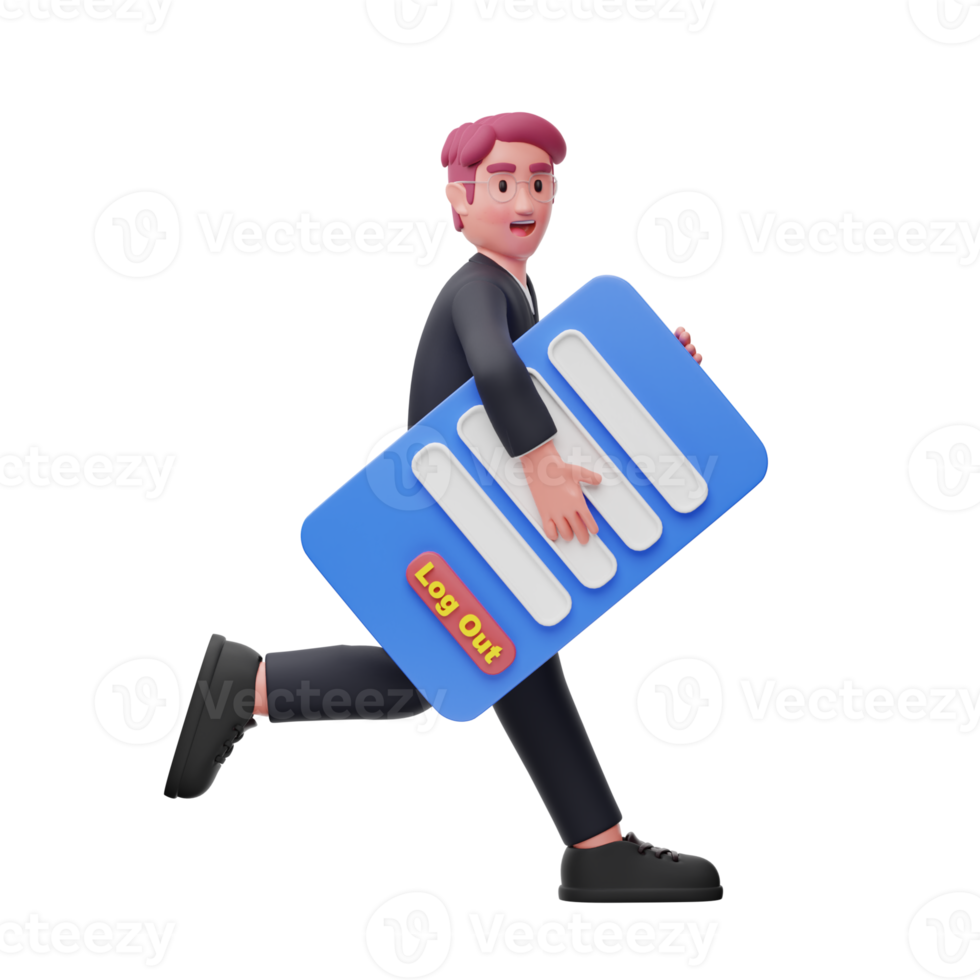 Businessman character holding log out page menu 3D Illustration png