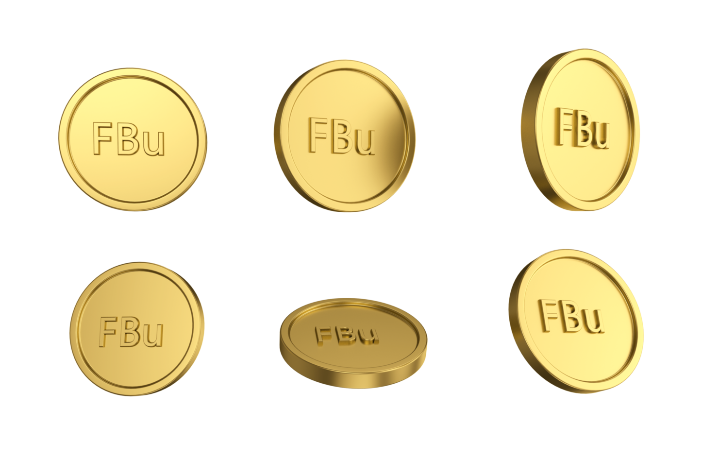 3d illustration Set of gold Burundian franc coin in different angels png