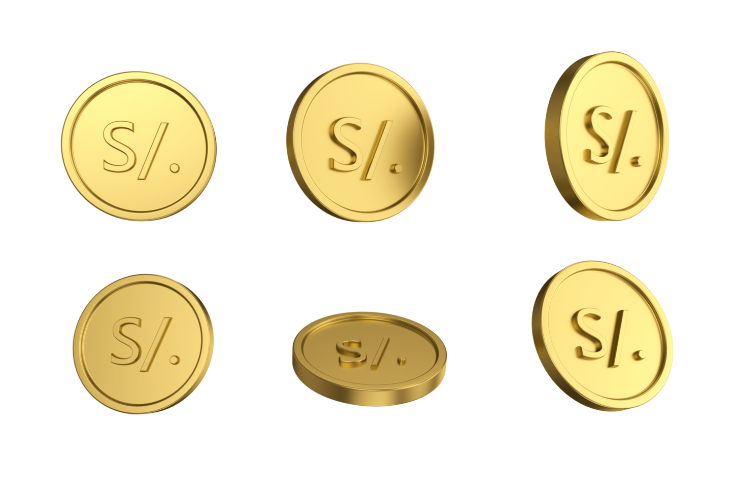 3d illustration Set of gold Peruvian sol coin in different angels png