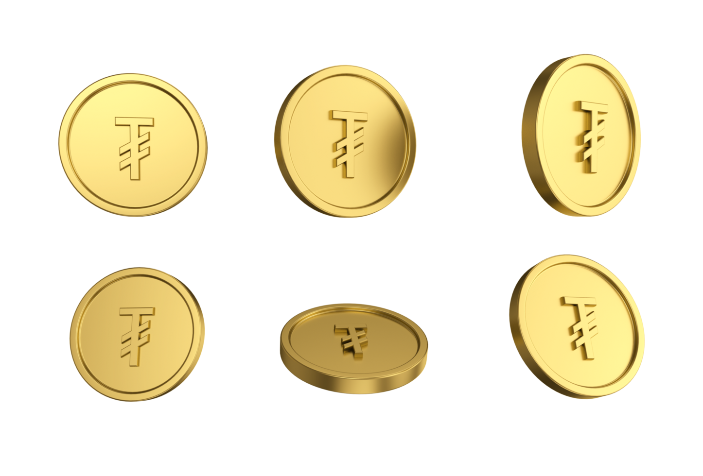 3d illustration Set of gold Mongolian togrog coin in different angels png