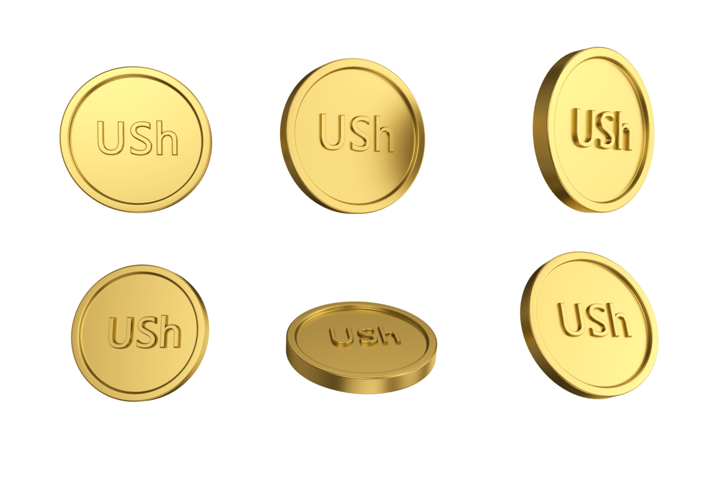 3d illustration Set of gold Ugandan shilling coin in different angels png