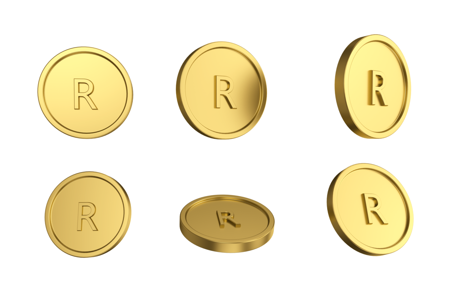 Conjunto de ilustración 3d de moneda de rand sudafricano de oro en diferentes ángeles png