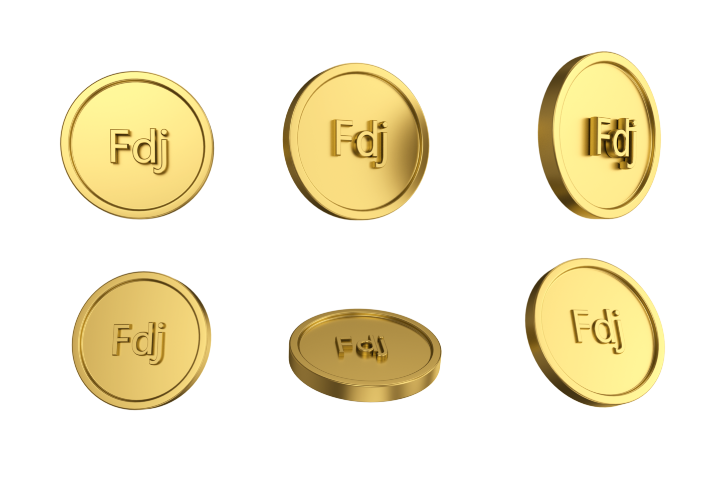 3d illustratie reeks van goud djiboutiaanse franc munt in verschillend engelen png