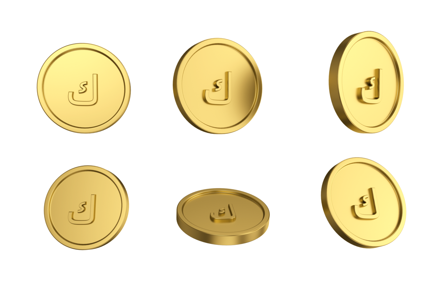 3d illustration Set of gold Kuwaiti dinar coin in different angels png