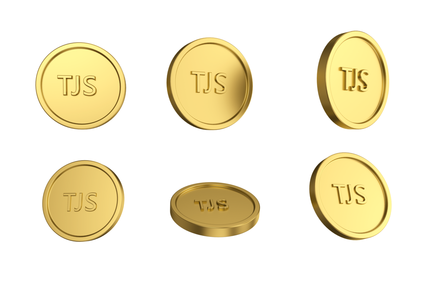 3D-Illustrationsset aus goldenen Somoni-Münzen in verschiedenen Engeln png