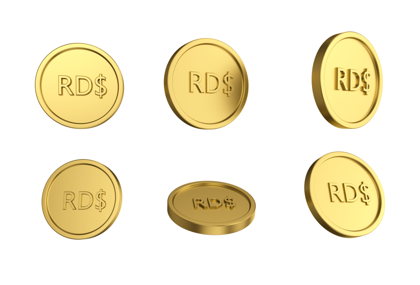 conjunto de ilustração 3D de moeda de peso dominicano de ouro em diferentes anjos png