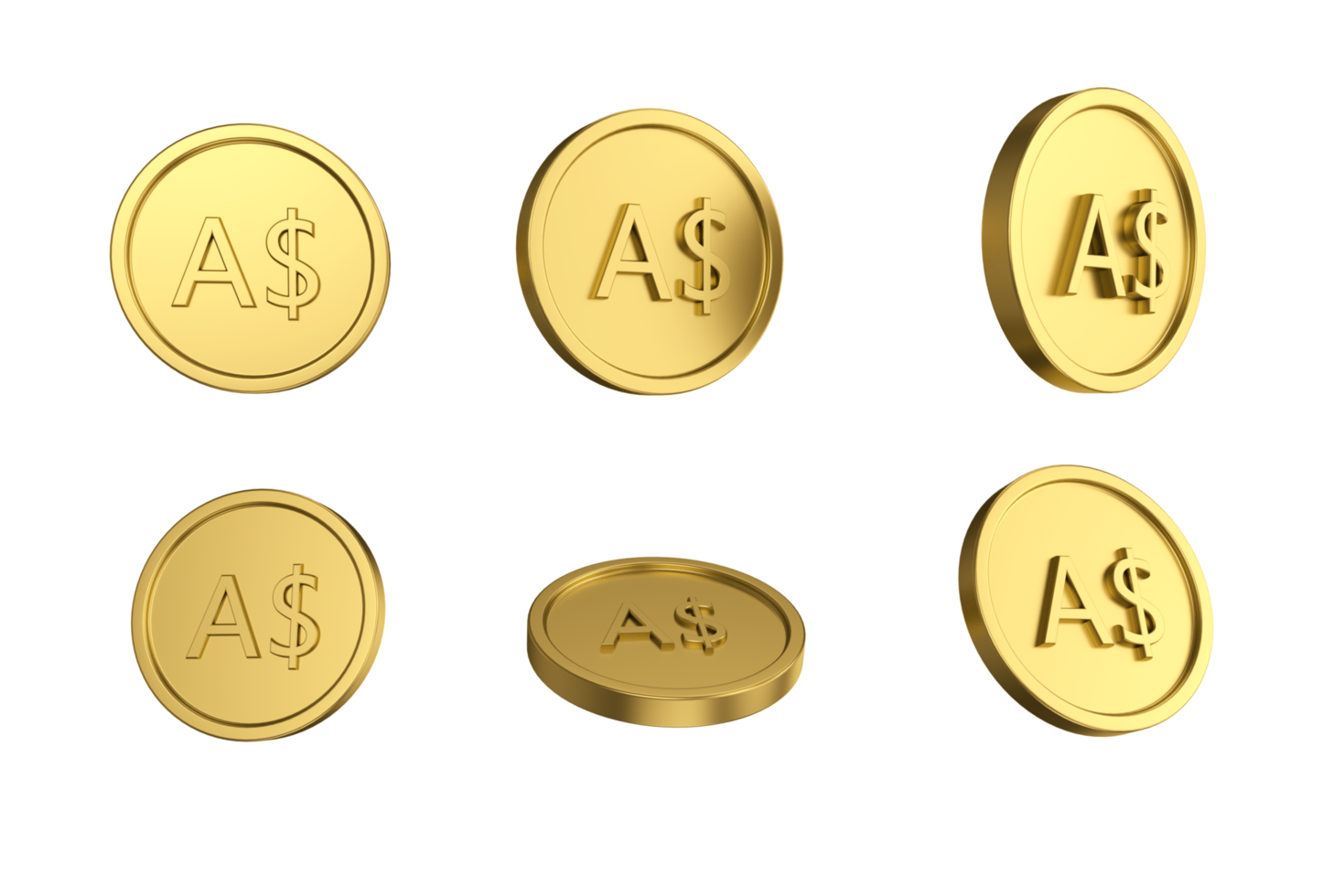 Ensemble d'illustration 3d de pièces d'or en dollars australiens dans différents anges png