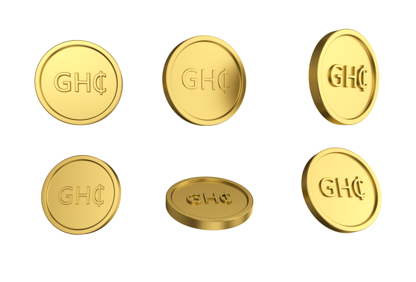 3D-Illustrationssatz aus goldener ghanaischer Cedi-Münze in verschiedenen Engeln png