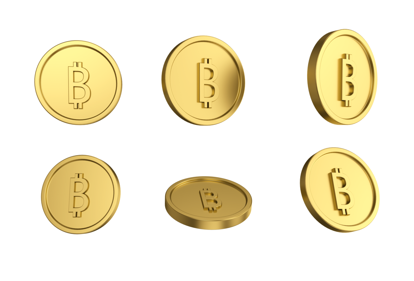 3d illustration Set of gold Bitcoin coin in different angels png