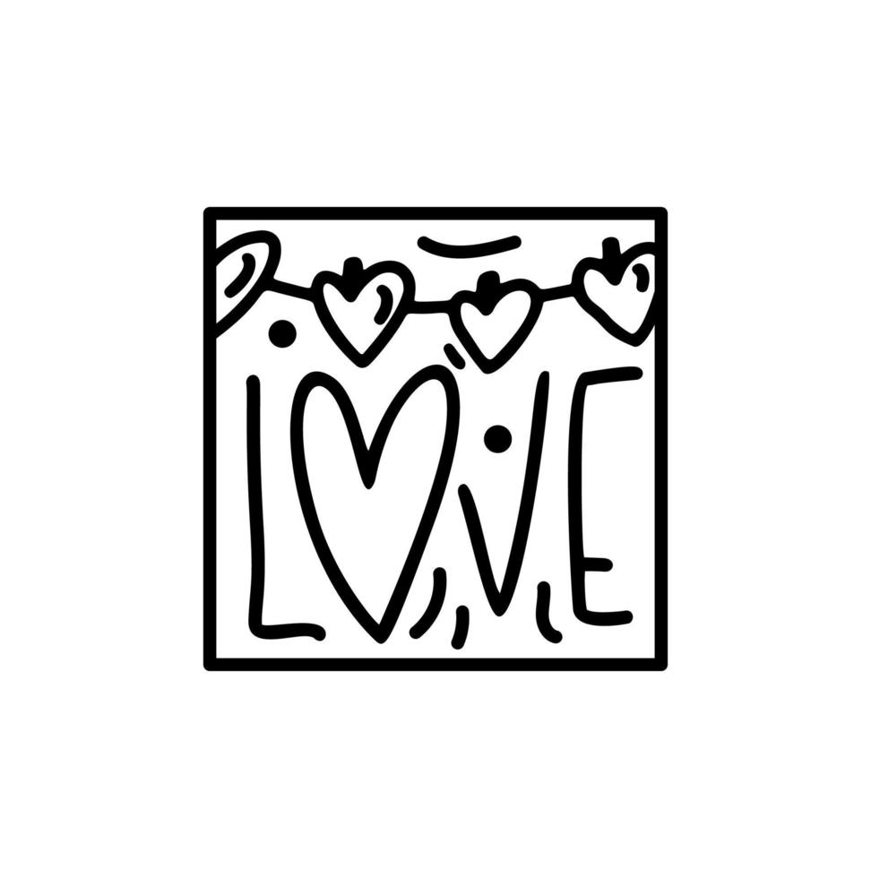 Valentine vector composition love text with heart. Hand drawn love holiday constructor logo in square frame for greeting card, web design invitation