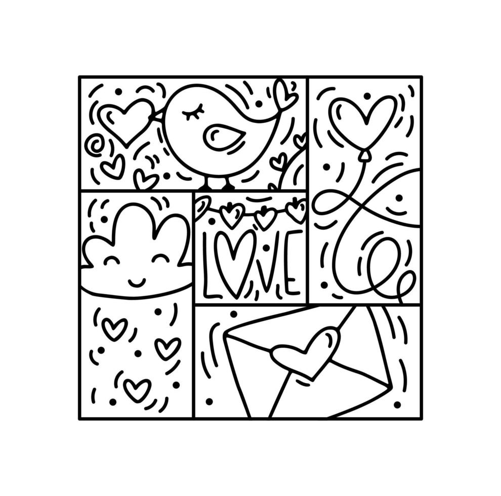 Vector Valentines logo composition heart, envelope, cloud, balloon, love handwritten text. Hand drawn monoline constructor in square frame for greeting card