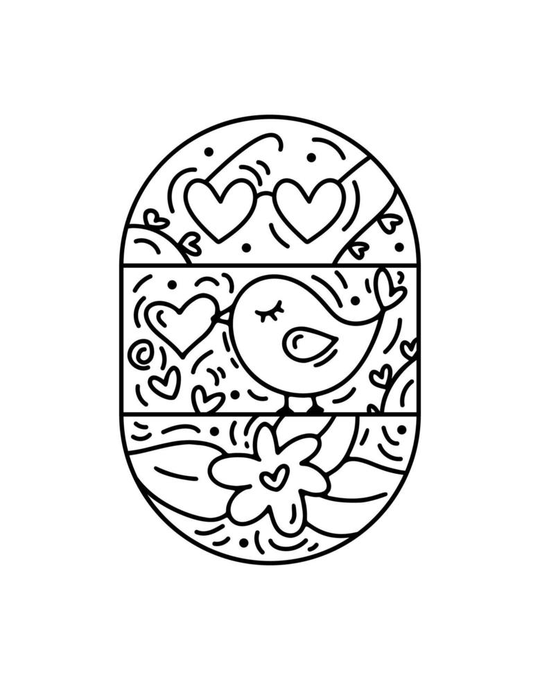 pájaro del constructor de la composición del vector de la tarjeta del día de San Valentín, vidrios y corazones. logotipo de vacaciones de amor dibujado a mano en marco redondo para tarjeta de felicitación, invitación de diseño web