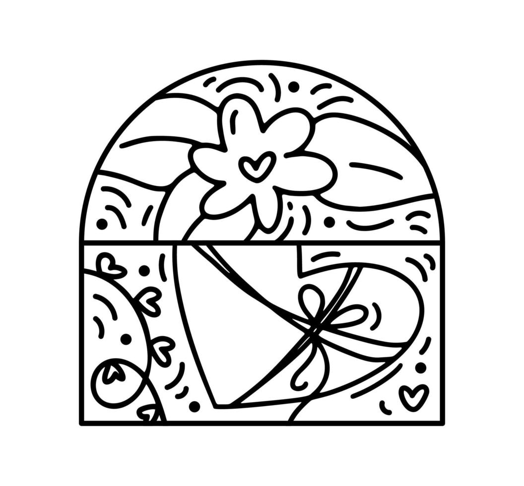 Valentine vector composition constructor flower with leaves and hearts. Hand drawn love holiday logo in half round frame for greeting card, web design invitation
