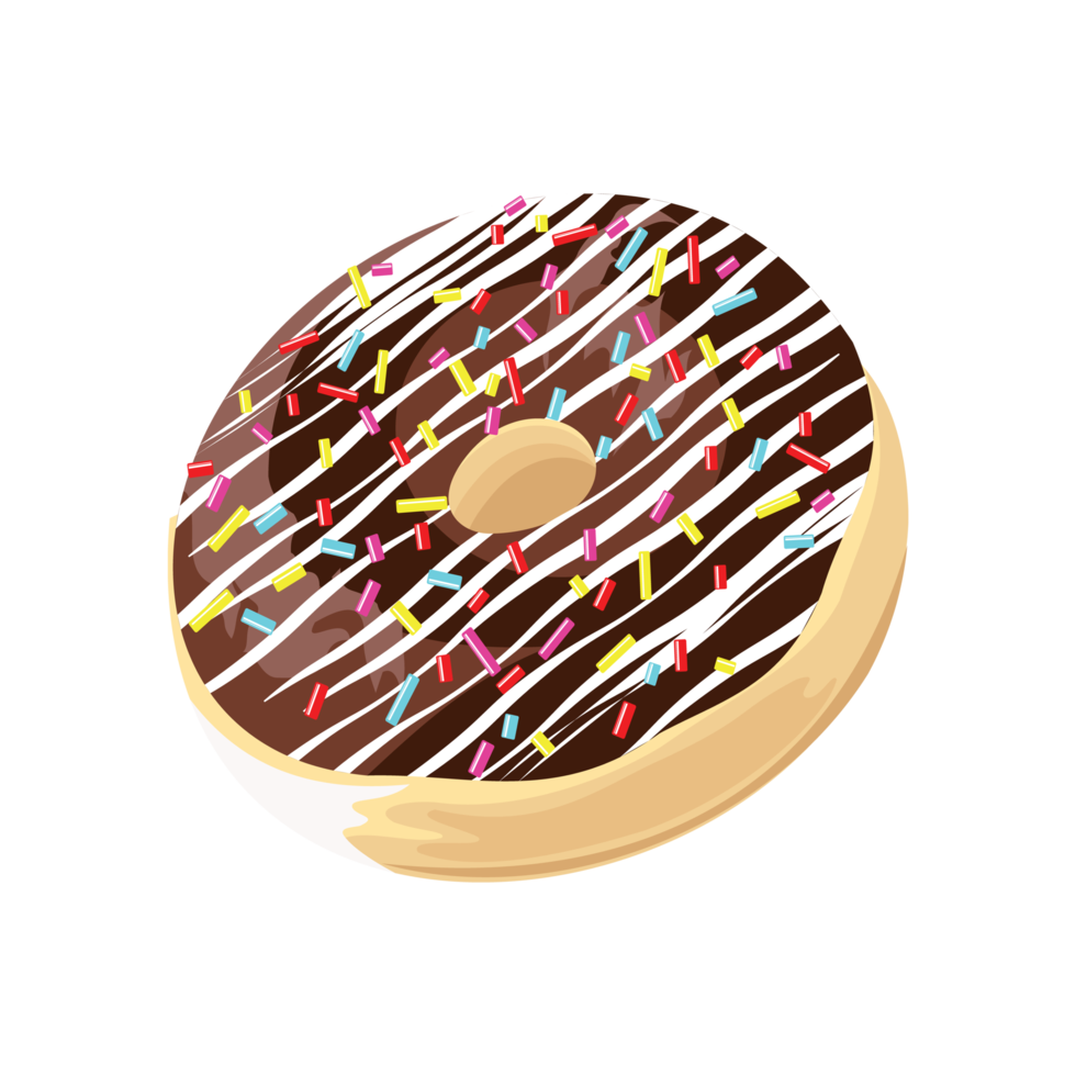 um pedaço de donut decorado com chocolate amargo, listras de chocolate claro e brilhos png