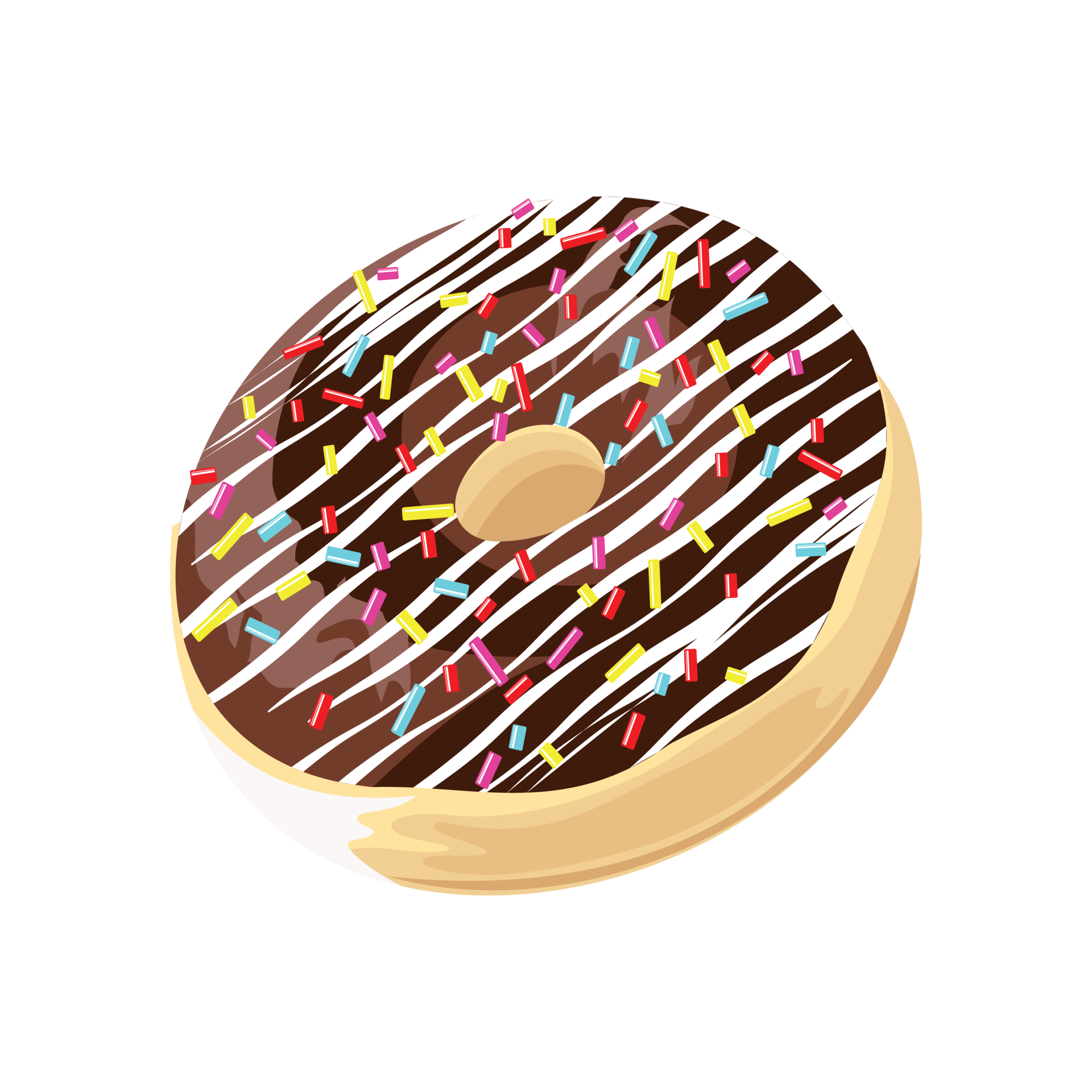 A piece of donut decorated with dark chocolate, stripes of light