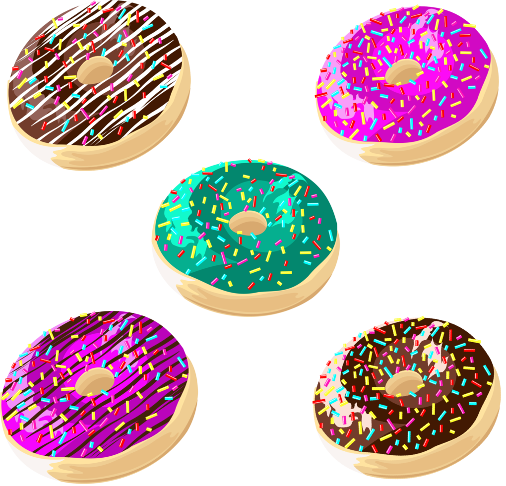 pedaços de donuts decorados com esmalte colorido, chocolate e brilhos png