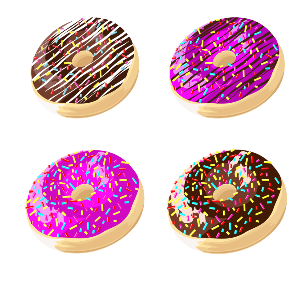 Pieces of donuts decorated with colored glaze, chocolate and sparkles . png