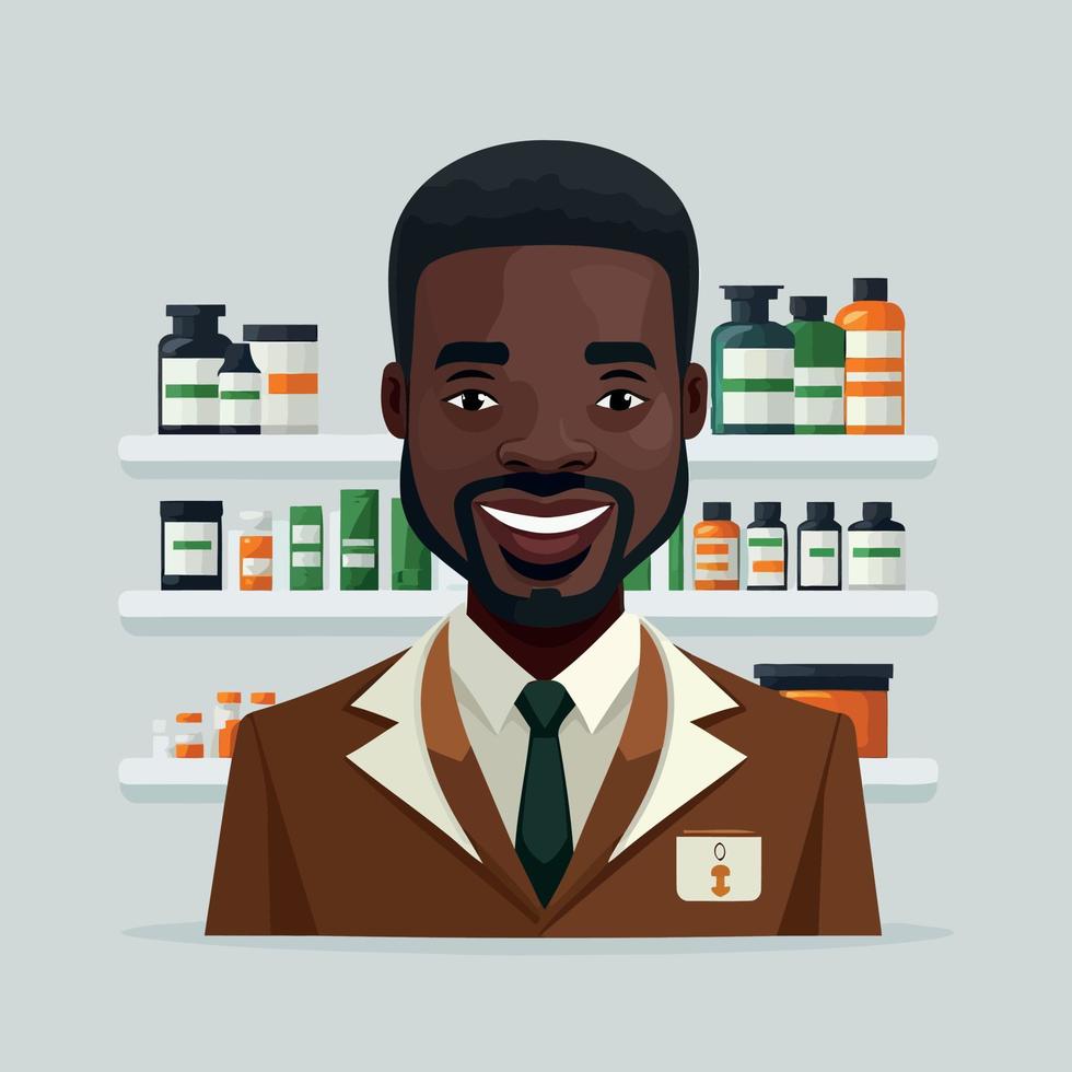 an adult black man working a pharmacist, with shelf of drugstore drugs in the background vector