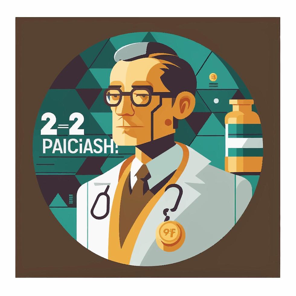 pharmacist person working in a drugstore with placeholder text no real words vector