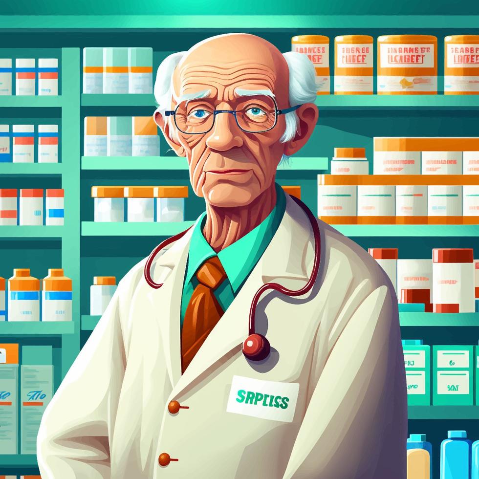 elderly white pharmacist wearing lab coat and glasses vector