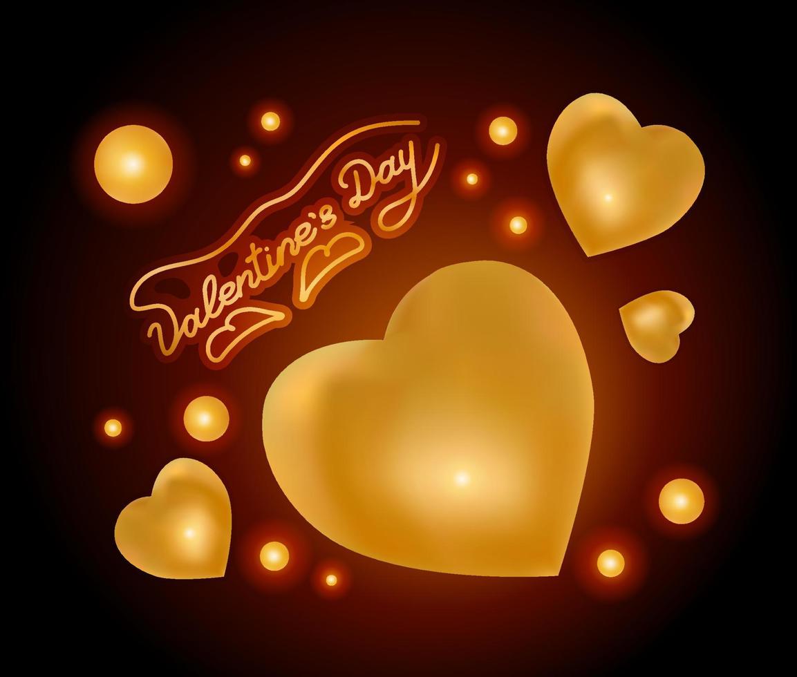 Gold Card for valentines day on dark with hearts, and hand lettering with glow. Vector illustration.